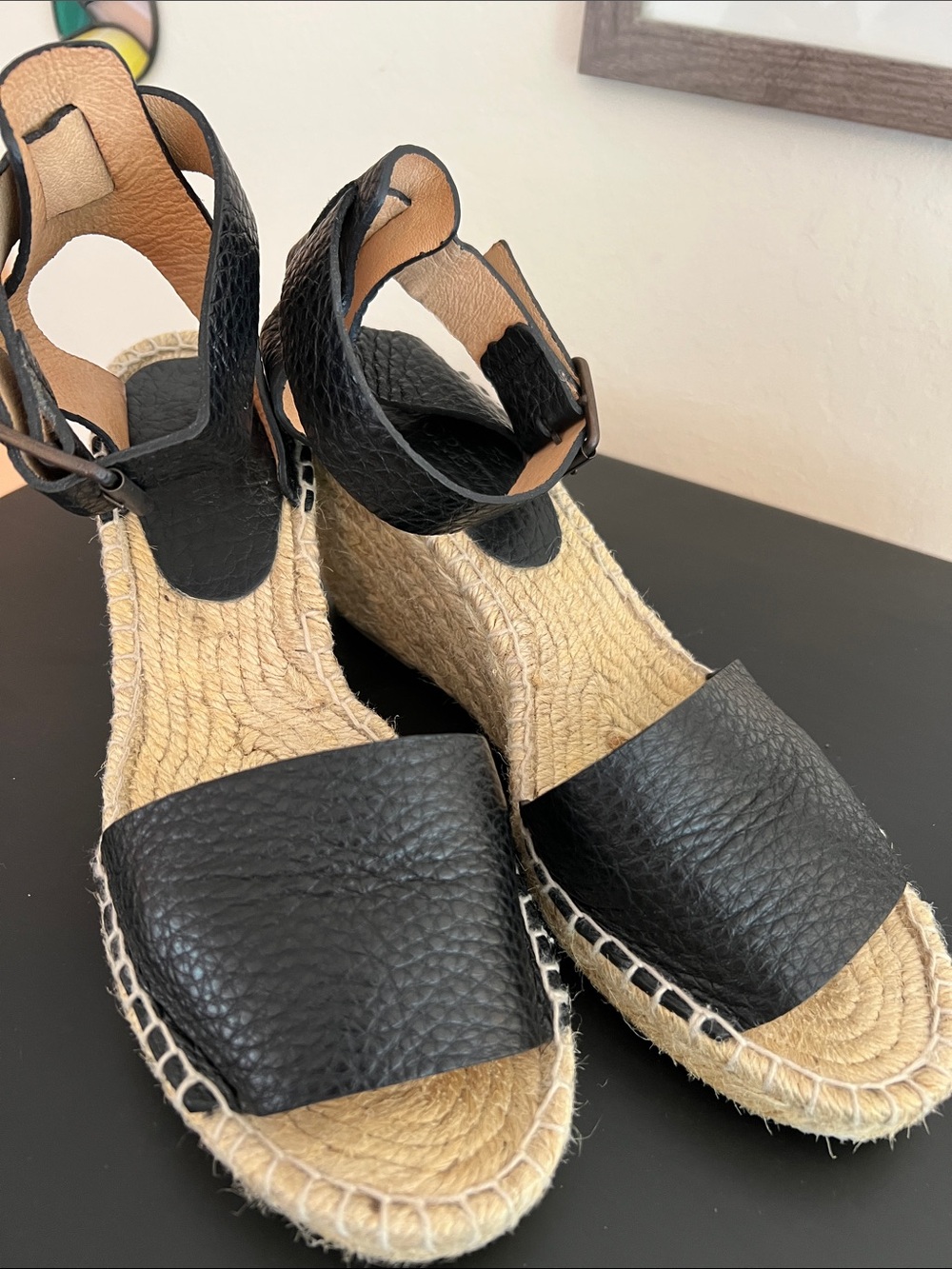 J. Crew Corsica tumbled Black Leather Espadrille Wedge Sandals